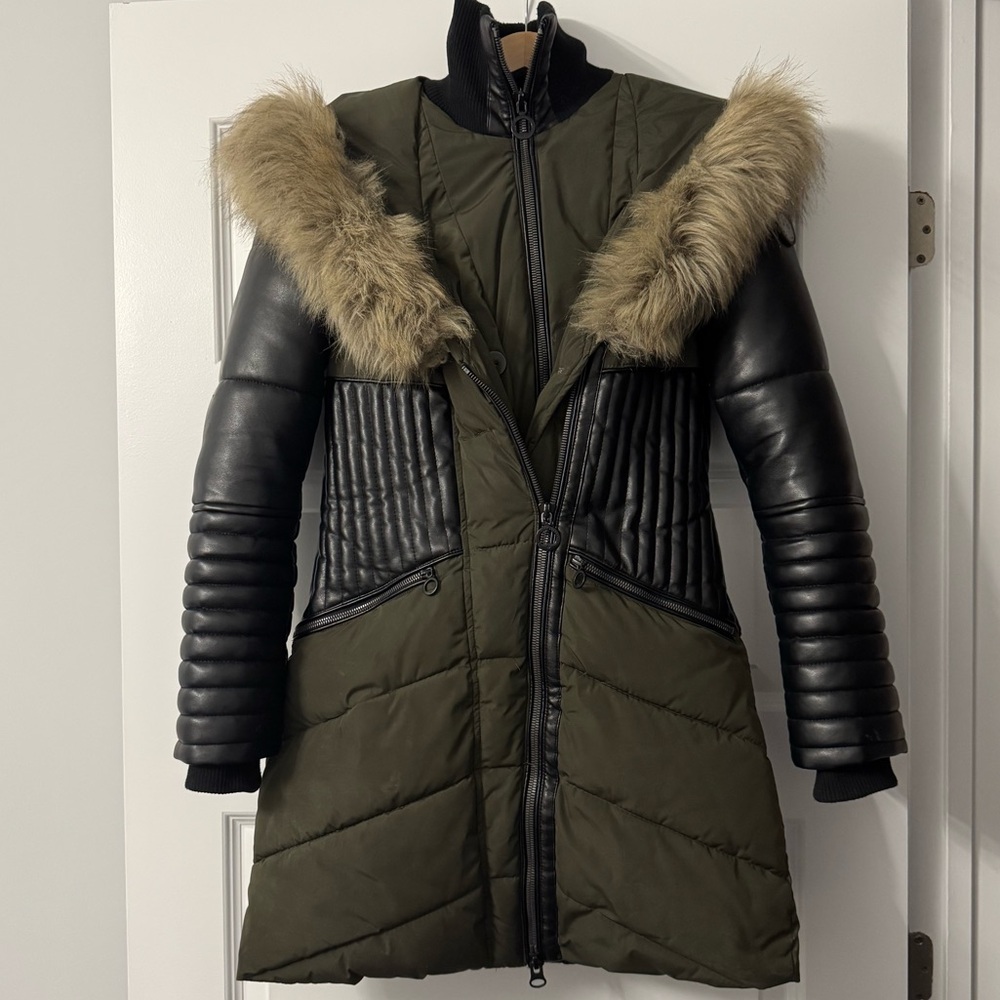 Noize Olive and Black Puffer Jacket with Faux Fur Trim